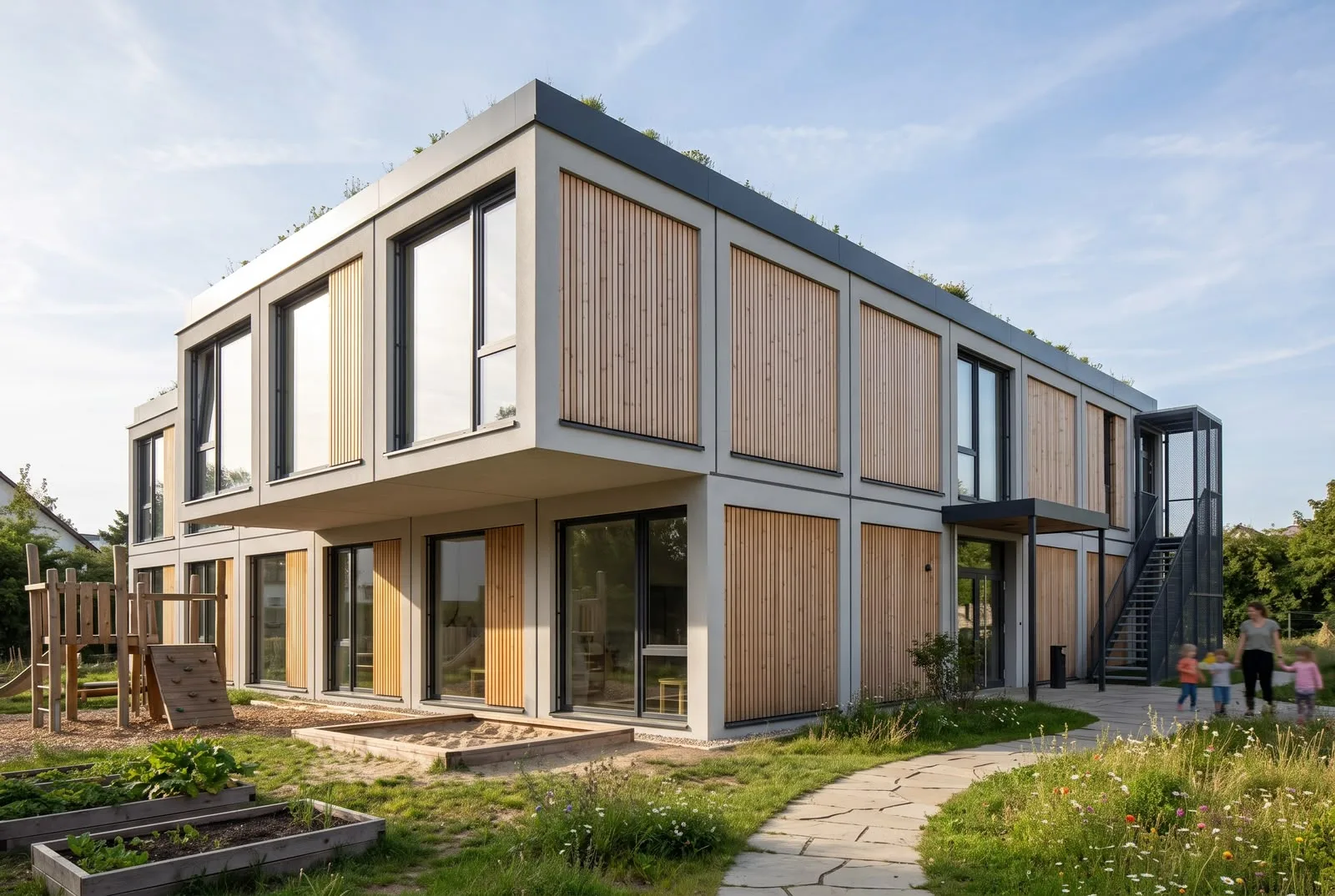 Zweigeschossige Kita in Modulbauweise mit Holzlamellen, Spielplatz und Garten