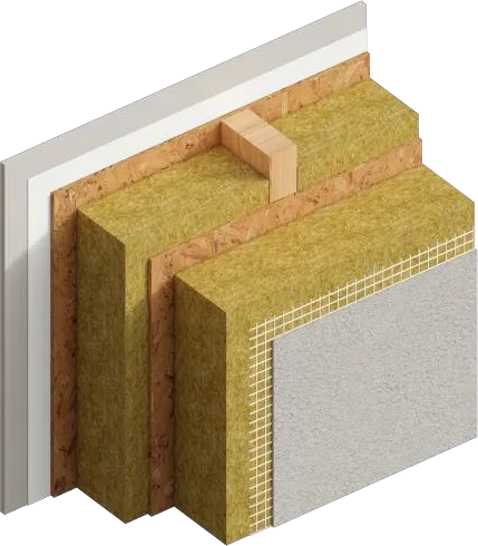 3D-Schnitt einer Holzrahmenwand mit Mineralwolldämmung und Putzfassade